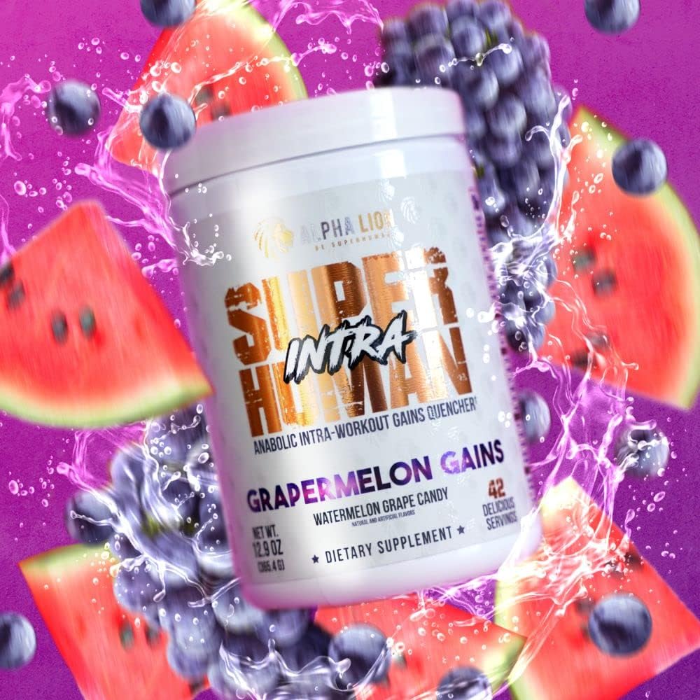 Superhuman Intra Workout Powder - Amino Acids & BCAA Drink for Muscle Recovery, Electrolytes & Hydration - Watermelon Grape Candy Flavor (42 Servings)