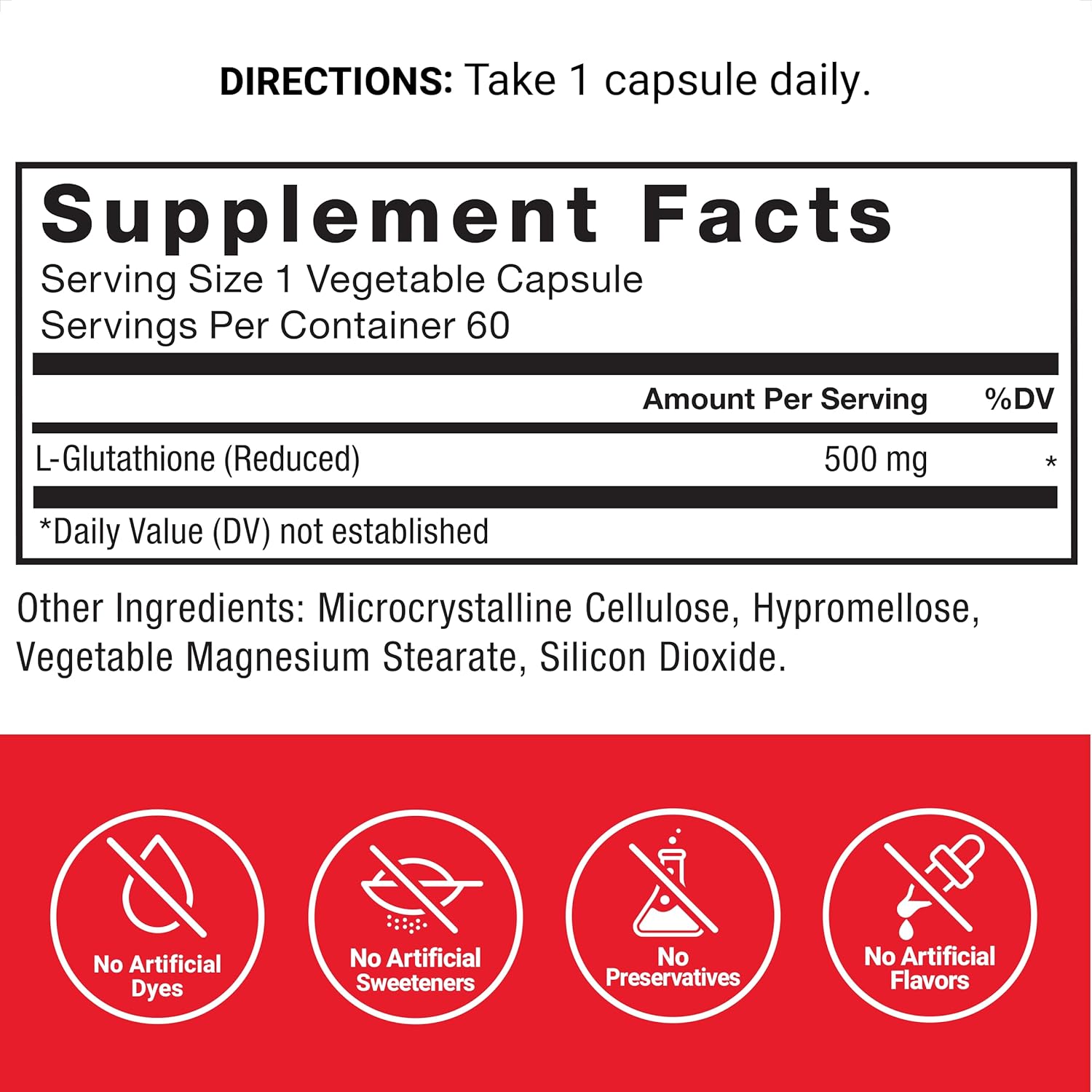 Superior Absorption Glutathione Supplement 500mg, Vegan Antioxidant Capsules, Non-GMO Active Form, 60 Vegetable Capsules