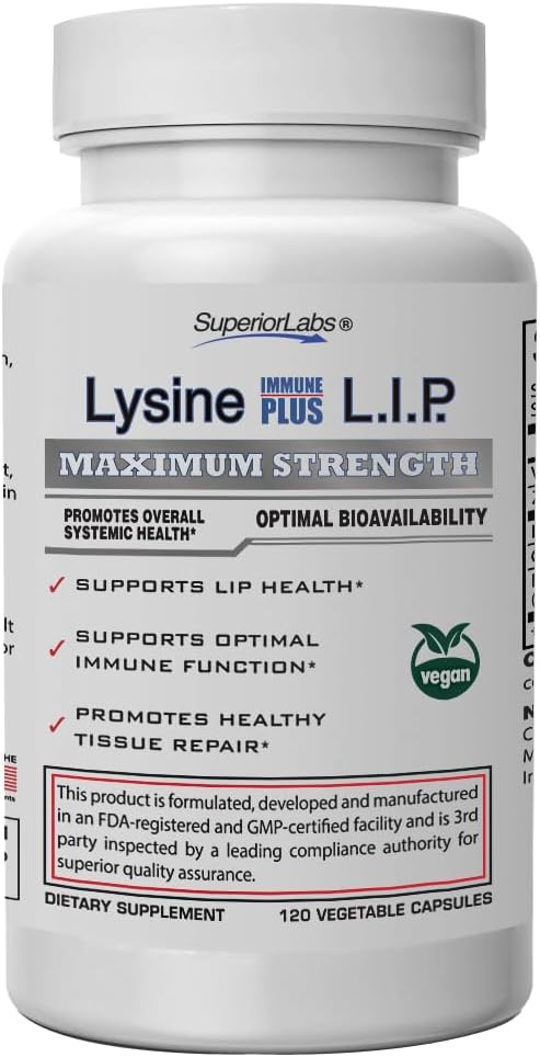 Superior Labs Lysine Immune Plus - Lip Support with Clinically Proven Results. HCI Binding for Stability & Fast Absorption. Bioactive Formula.