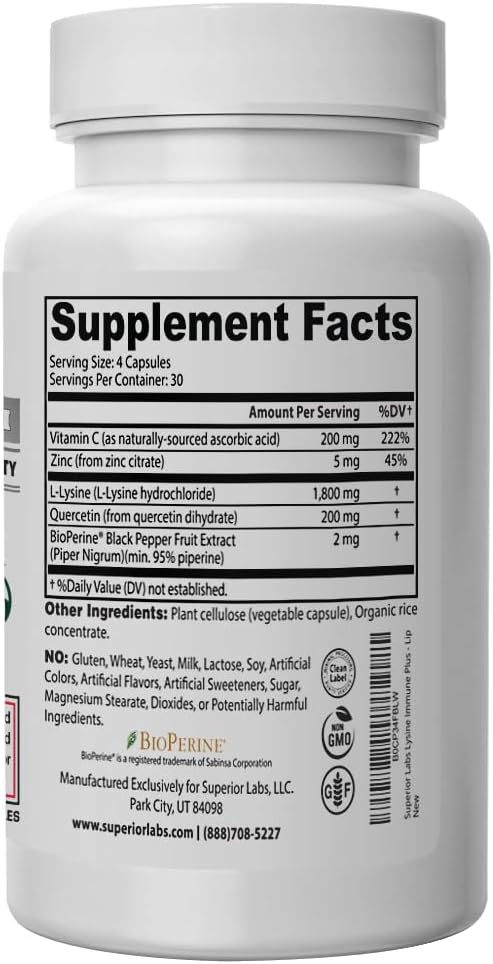 Superior Labs Lysine Immune Plus - Lip Support with Clinically Proven Results. HCI Binding for Stability & Fast Absorption. Bioactive Formula.