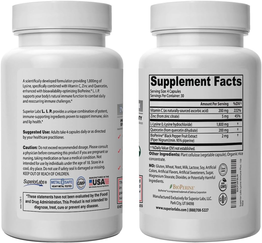 Superior Labs Lysine Immune Plus - Lip Support with Clinically Proven Results. HCI Binding for Stability & Fast Absorption. Bioactive Formula.