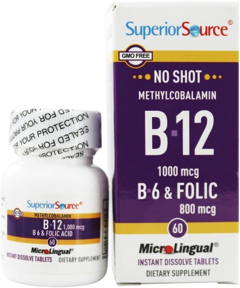 Superior Source No Shot B12 Methylcobalamin 1000 mcg with B6 & Folic Acid 800 mcg - 60 Quick Dissolve Tablets - Boost Energy Levels and Support Overall Health