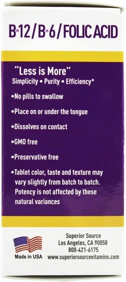 Superior Source No Shot B12 Methylcobalamin 1000 mcg with B6 & Folic Acid 800 mcg - 60 Quick Dissolve Tablets - Boost Energy Levels and Support Overall Health
