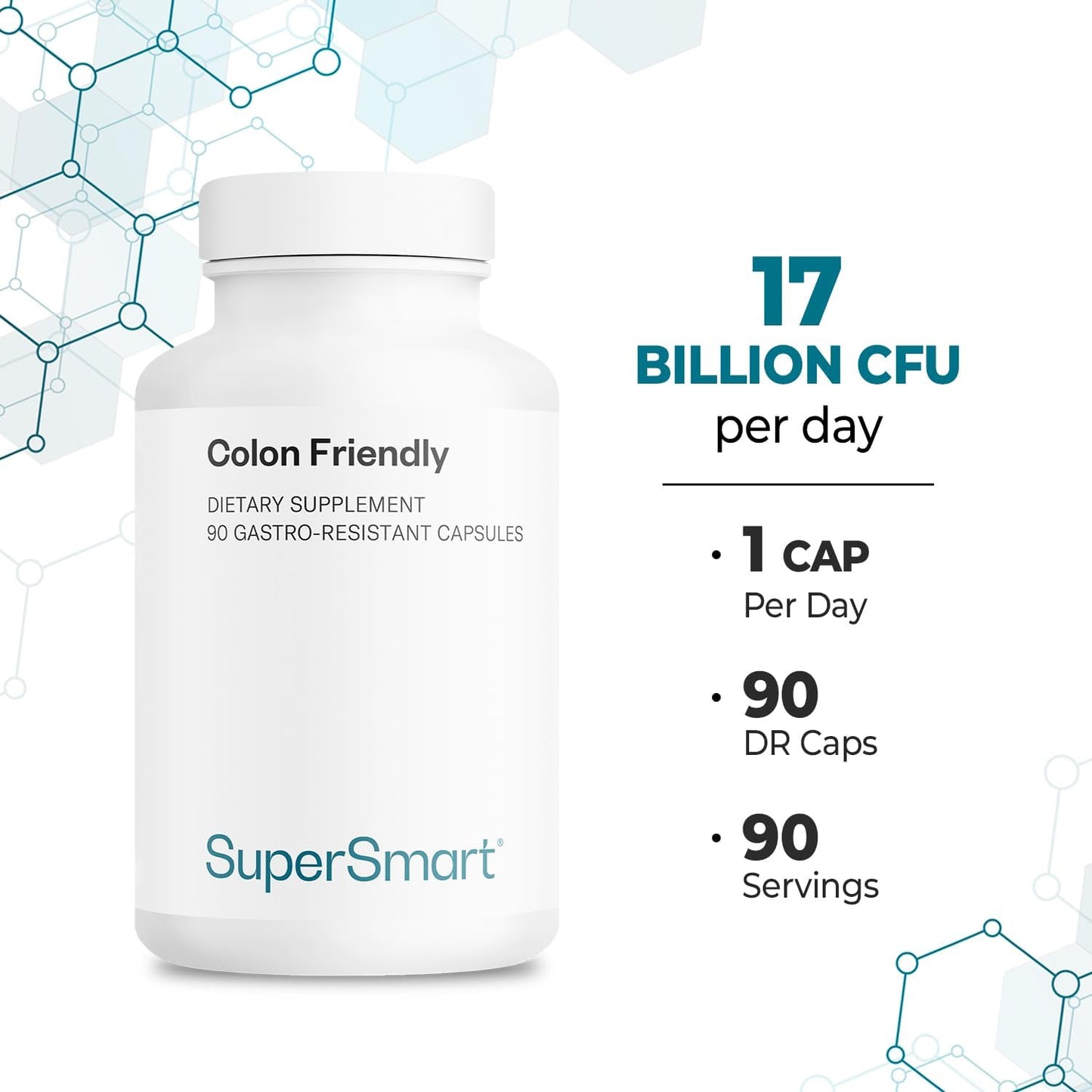 Supersmart Colon Support Probiotic - 17 Billion CFU Daily - Bowel Health Supplements - Non-GMO, Gluten-Free - 90 DR Capsules