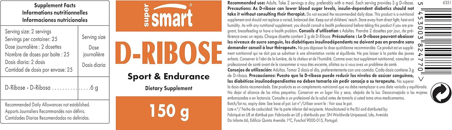 Supersmart D-Ribose Energy Pills: Supports ATP Production, Enhances Endurance & Recovery - Non-GMO & Gluten Free - 150g
