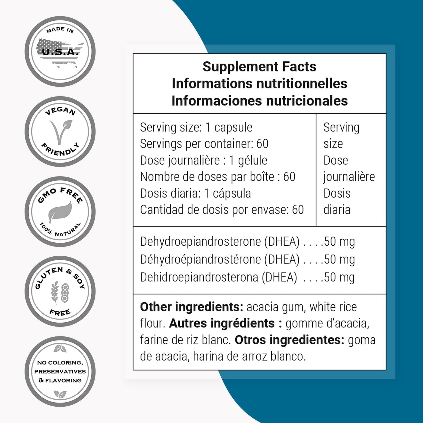 Supersmart DHEA 50mg Capsules - Daily Essential Non-GMO Supplement - 60 Vegetarian Capsules