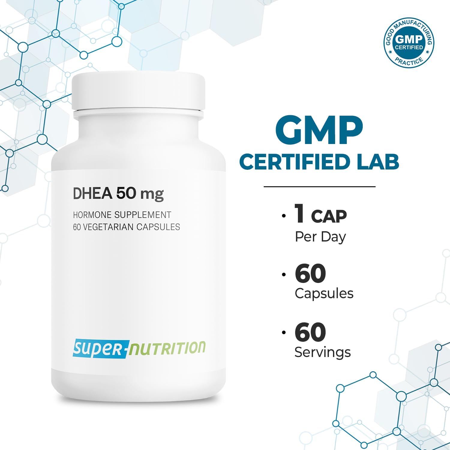 Supersmart DHEA 50mg Capsules - Daily Essential Non-GMO Supplement - 60 Vegetarian Capsules