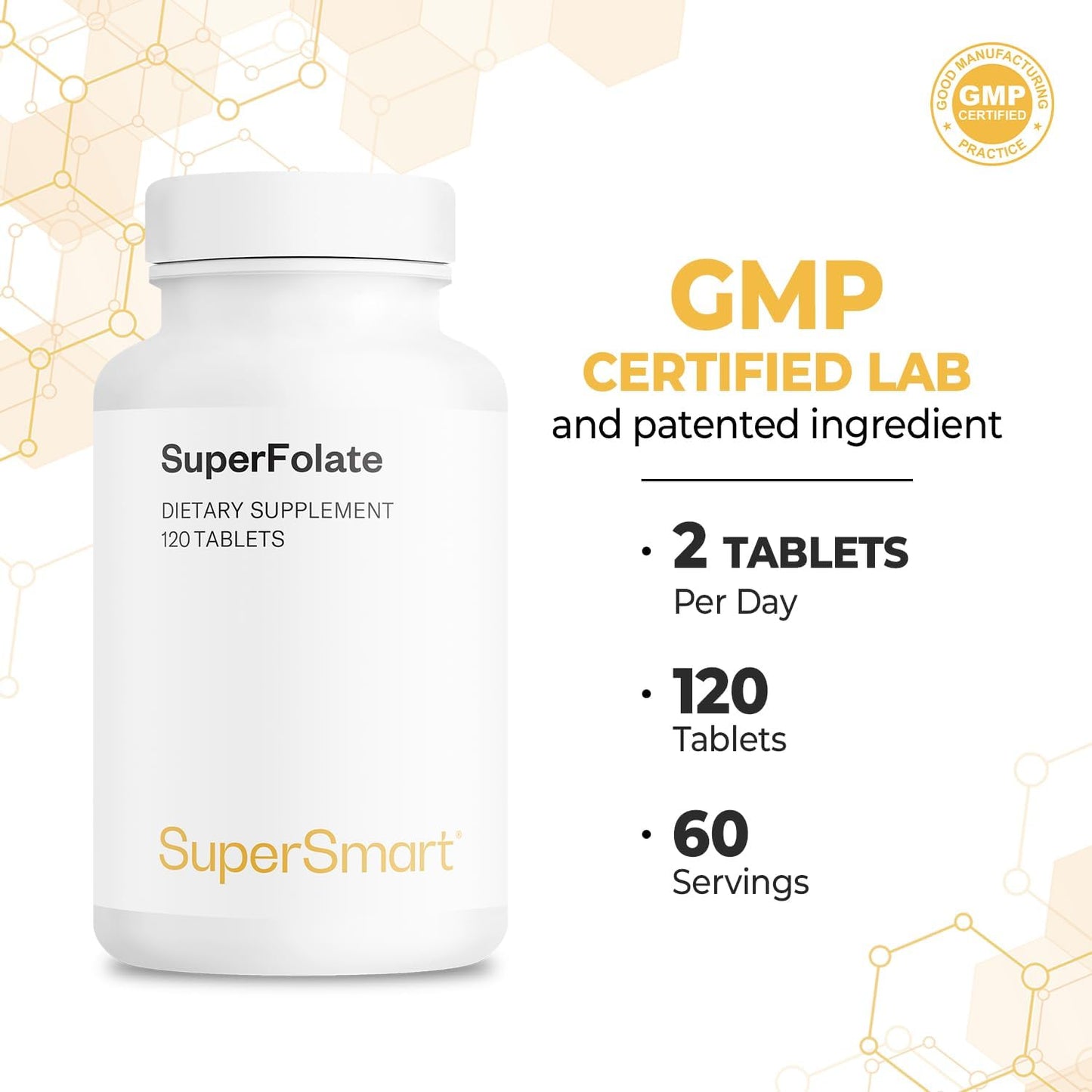 Supersmart SuperFolate 400mcg - Quatrefolic 5-MTHF Supplement - Active Folate Vitamin B9 - Non-GMO & Gluten Free - 120 Tablets