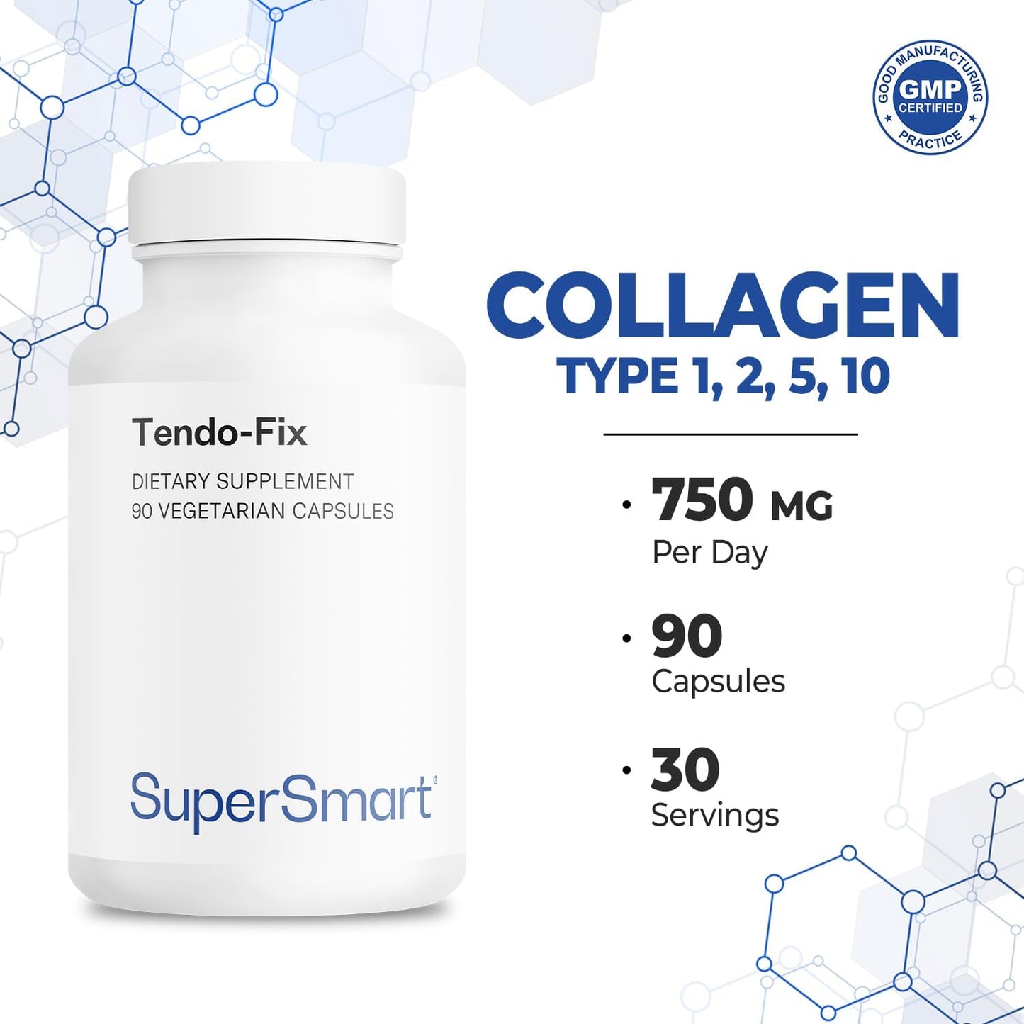 Supersmart Tendo-Fix Capsules - Enhances Joint Mobility with 750mg Collagen Per Day - Non-GMO, Gluten Free (90 ct) - BoostGo Australia