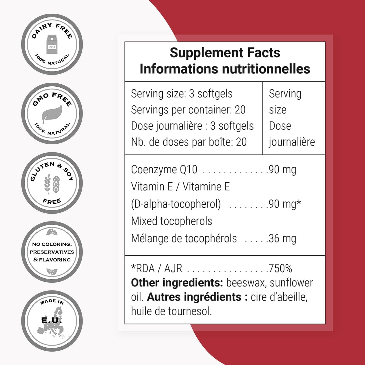Supersmart Ubiquinol CoQ10 Supplement 90mg Daily with Tocopherols & Vitamin E - Non-GMO, Gluten Free - 60 Softgels