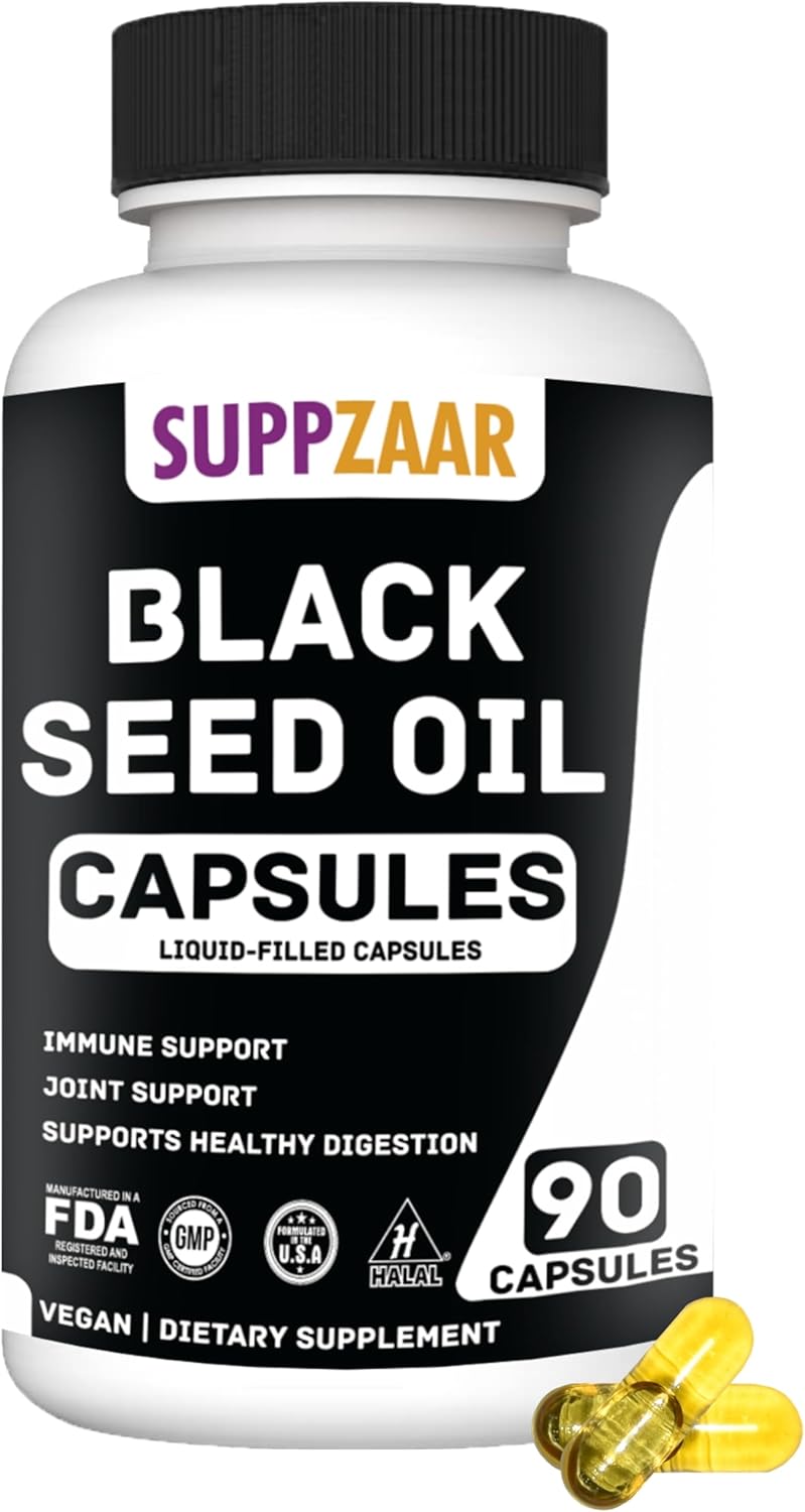 SUPPZAAR Cold-Pressed Vegan Black Seed Oil Capsules - 1000mg, Non-GMO & Gluten-Free - Immune, Structure, Skin & Digestion Support - 90 Capsules