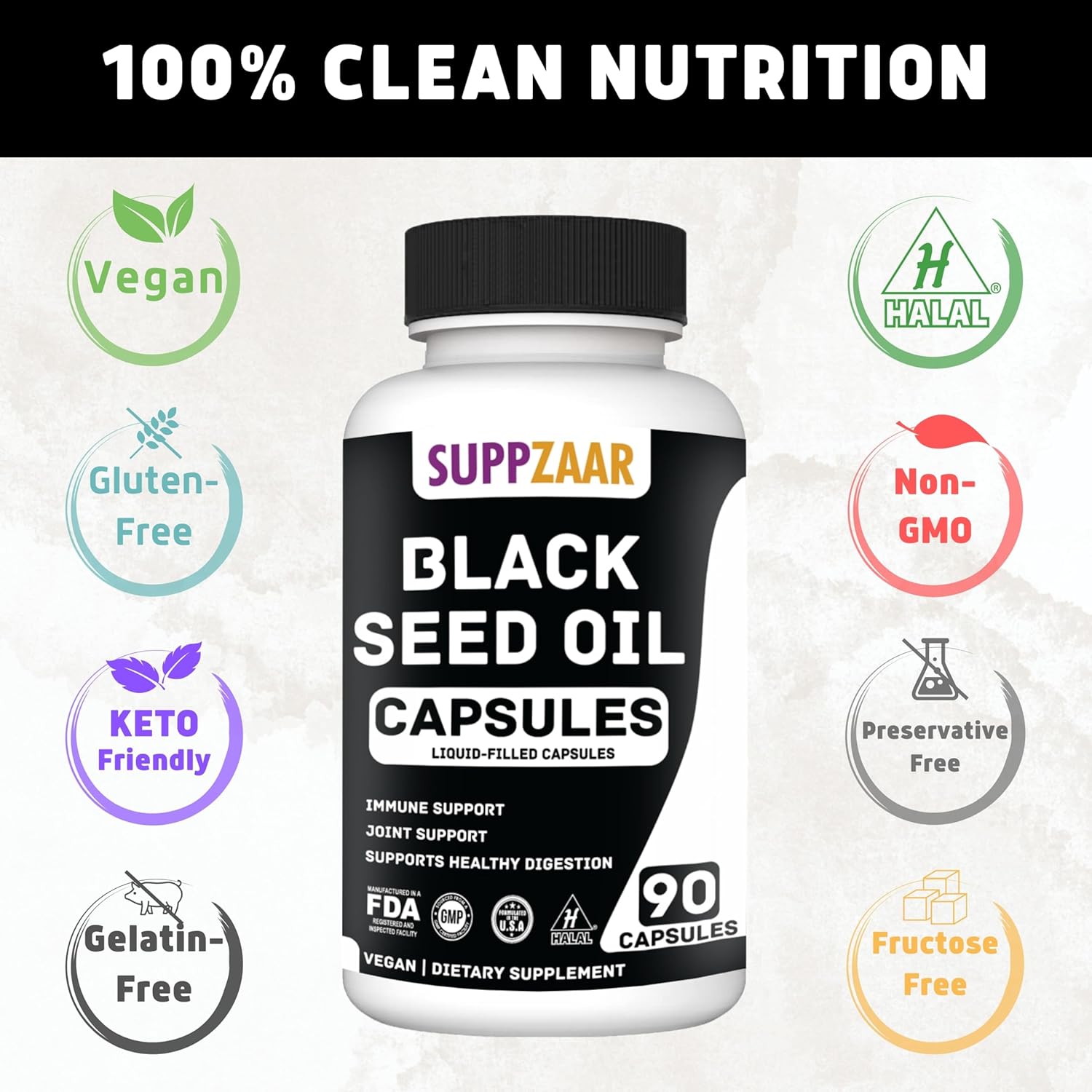 SUPPZAAR Cold-Pressed Vegan Black Seed Oil Capsules - 1000mg, Non-GMO & Gluten-Free - Immune, Structure, Skin & Digestion Support - 90 Capsules