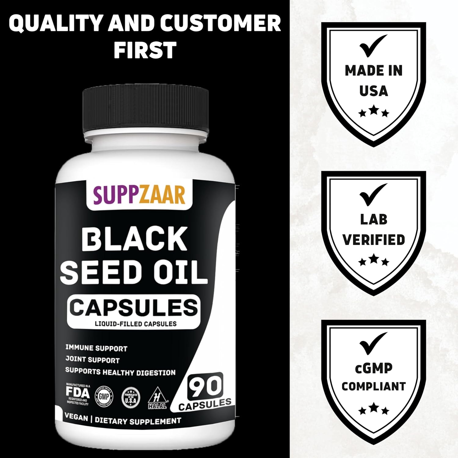 SUPPZAAR Cold-Pressed Vegan Black Seed Oil Capsules - 1000mg, Non-GMO & Gluten-Free - Immune, Structure, Skin & Digestion Support - 90 Capsules