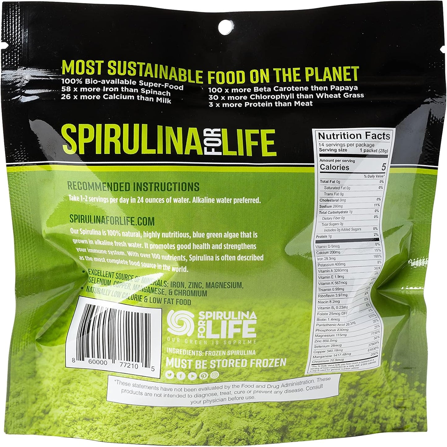 Supreme Green Spirulina Sticks: 14-Day Supply, Flash Frozen & 100% Pure, Grown in Alkaline Water, USA Harvested, Complete Superfood & Multivitamin