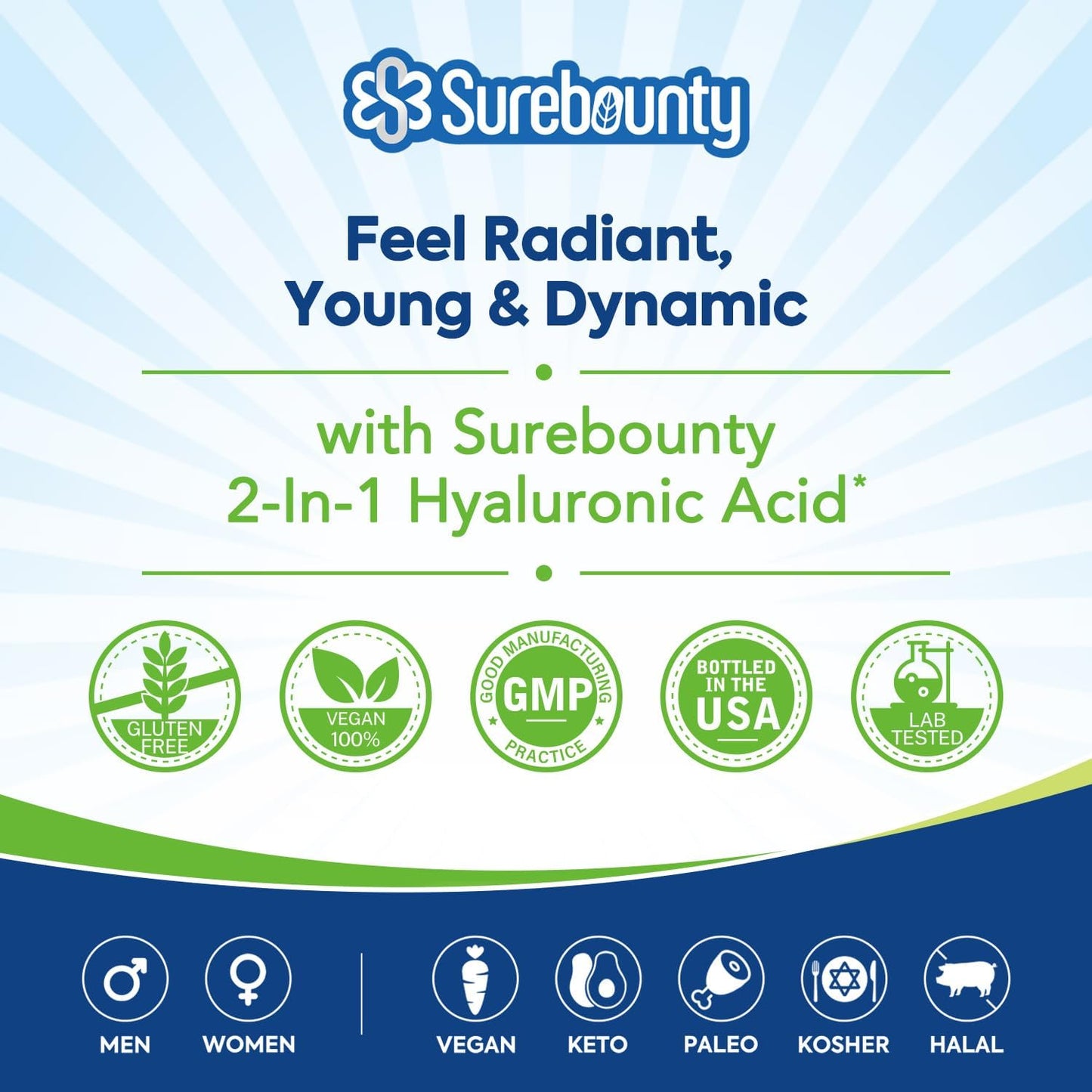 Surebounty Hyaluronic Acid Capsules with Vitamin C for Hydration, Joint Health, and Antioxidant Support - 60 Vegan Capsules