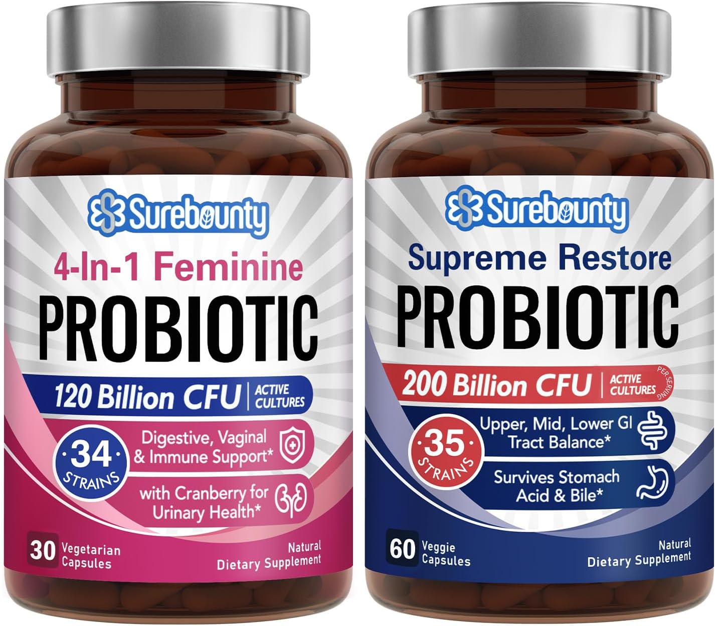 Surebounty Probiotic Bundle: 4-in-1 Feminine & Supreme Restore Probiotic, 2 Packs, Cranberry Support, Vegan & Non-Dairy