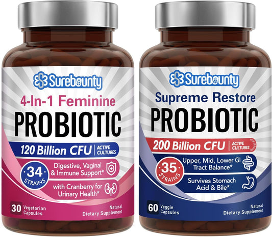 Surebounty Probiotic Bundle: 4-in-1 Feminine & Supreme Restore Probiotic, 2 Packs, Cranberry Support, Vegan & Non-Dairy