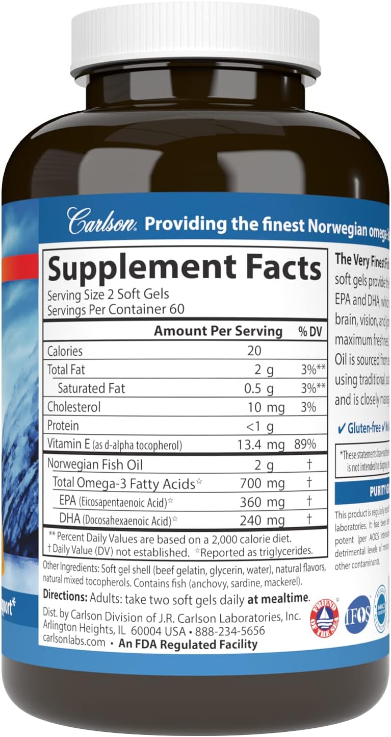 Sustainably Sourced Norwegian Fish Oil Supplement with 700mg Omega-3s - Lemon Flavored Softgels, 120 Count