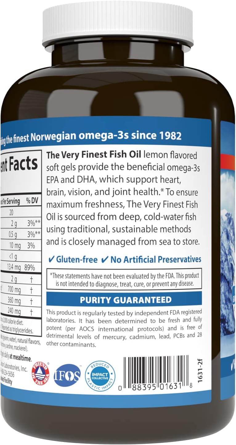 Sustainably Sourced Norwegian Fish Oil Supplement with 700mg Omega-3s - Lemon Flavored Softgels, 120 Count