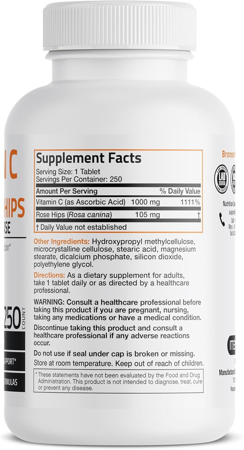 Sustained Release Bronson Vitamin C 1000 mg with Rose HIPS - 250 Tablets