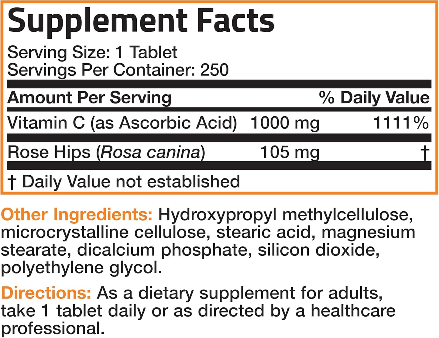 Sustained Release Bronson Vitamin C 1000 mg with Rose HIPS - 250 Tablets
