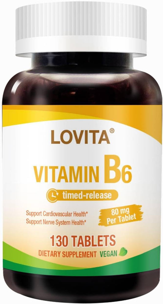 Sustained Release Lovita Vitamin B6 (Pyridoxine HCl) 80mg Tablets - 8 Hours Support for Cardiovascular & Nerve Health - 130 Vegan Tabs