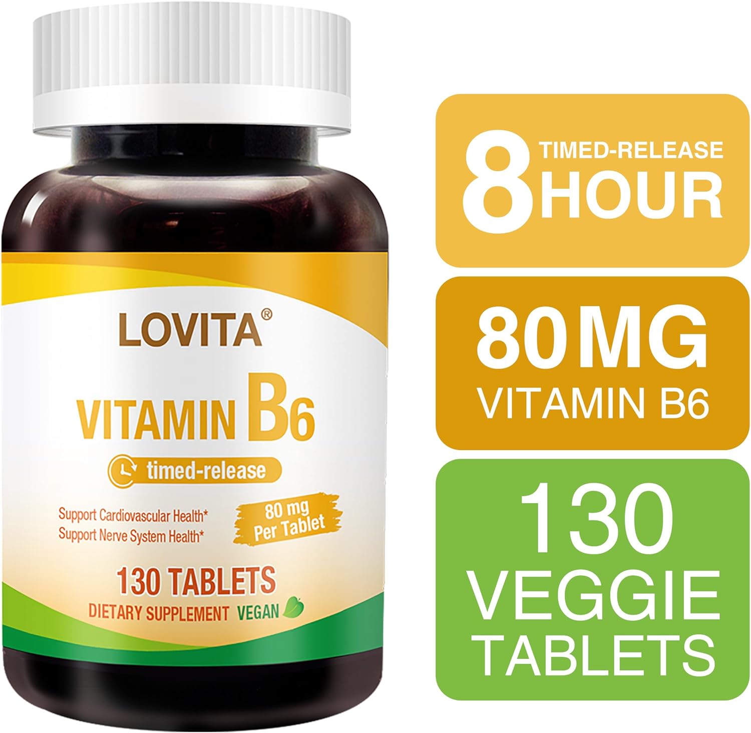 Sustained Release Lovita Vitamin B6 (Pyridoxine HCl) 80mg Tablets - 8 Hours Support for Cardiovascular & Nerve Health - 130 Vegan Tabs