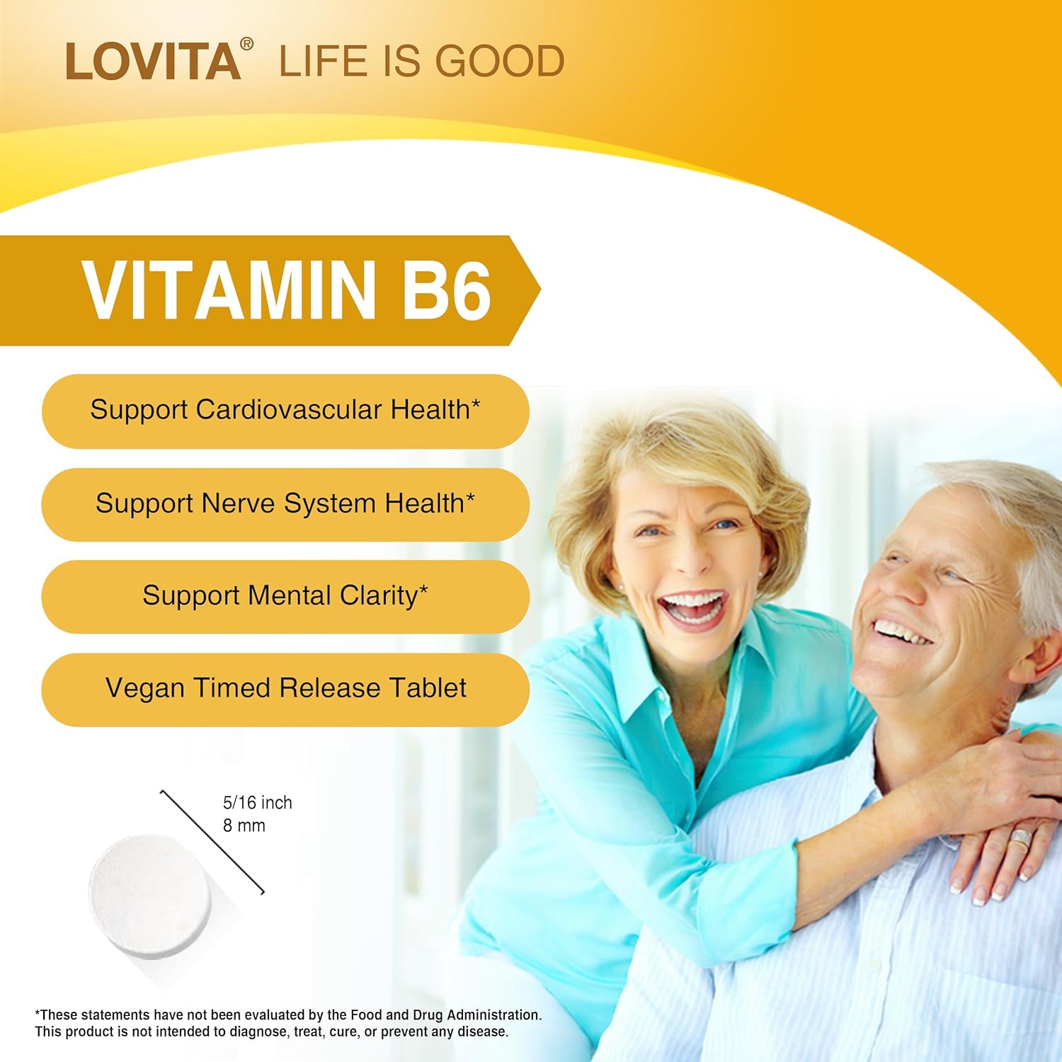 Sustained Release Lovita Vitamin B6 (Pyridoxine HCl) 80mg Tablets - 8 Hours Support for Cardiovascular & Nerve Health - 130 Vegan Tabs