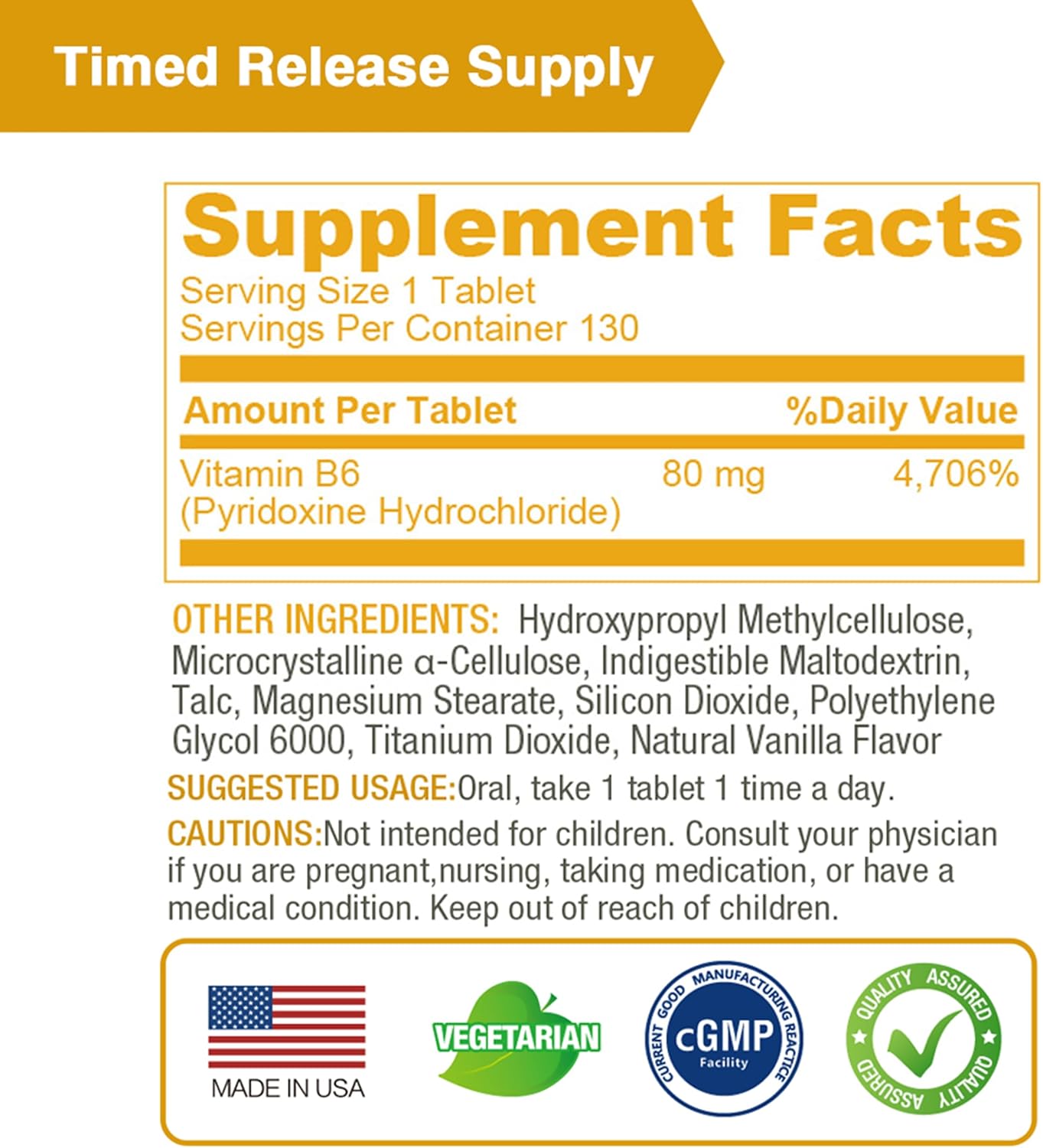 Sustained Release Lovita Vitamin B6 (Pyridoxine HCl) 80mg Tablets - 8 Hours Support for Cardiovascular & Nerve Health - 130 Vegan Tabs