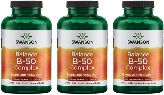 Swanson B-50 B-Complex 250 Capsules - Immune, Heart, Nervous System Support - High-Potency B Vitamin (3 Pack)