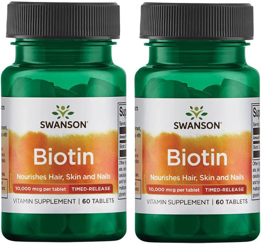 Swanson Biotin 10,000 mcg Timed-Release Tablets - 2 Pack of 60 Tabs