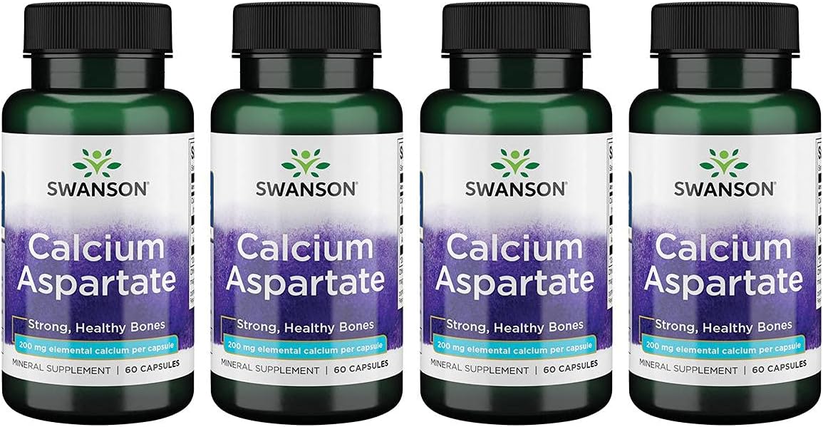Swanson Calcium Aspartate Herbal Supplement for Bone, Heart, & Muscle Health - Natural Formula - 60 Capsules x 200mg (4 Pack)