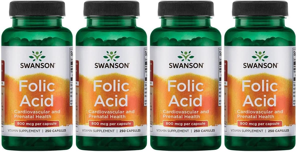 Swanson Folic Acid 800 mcg (Equivalent to 335 mcg Dfe Folate) - 250 Capsules (4 Pack) for Daily Vitamin Needs