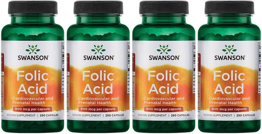 Swanson Folic Acid 800 mcg (Equivalent to 335 mcg Dfe Folate) - 250 Capsules (4 Pack) for Daily Vitamin Needs