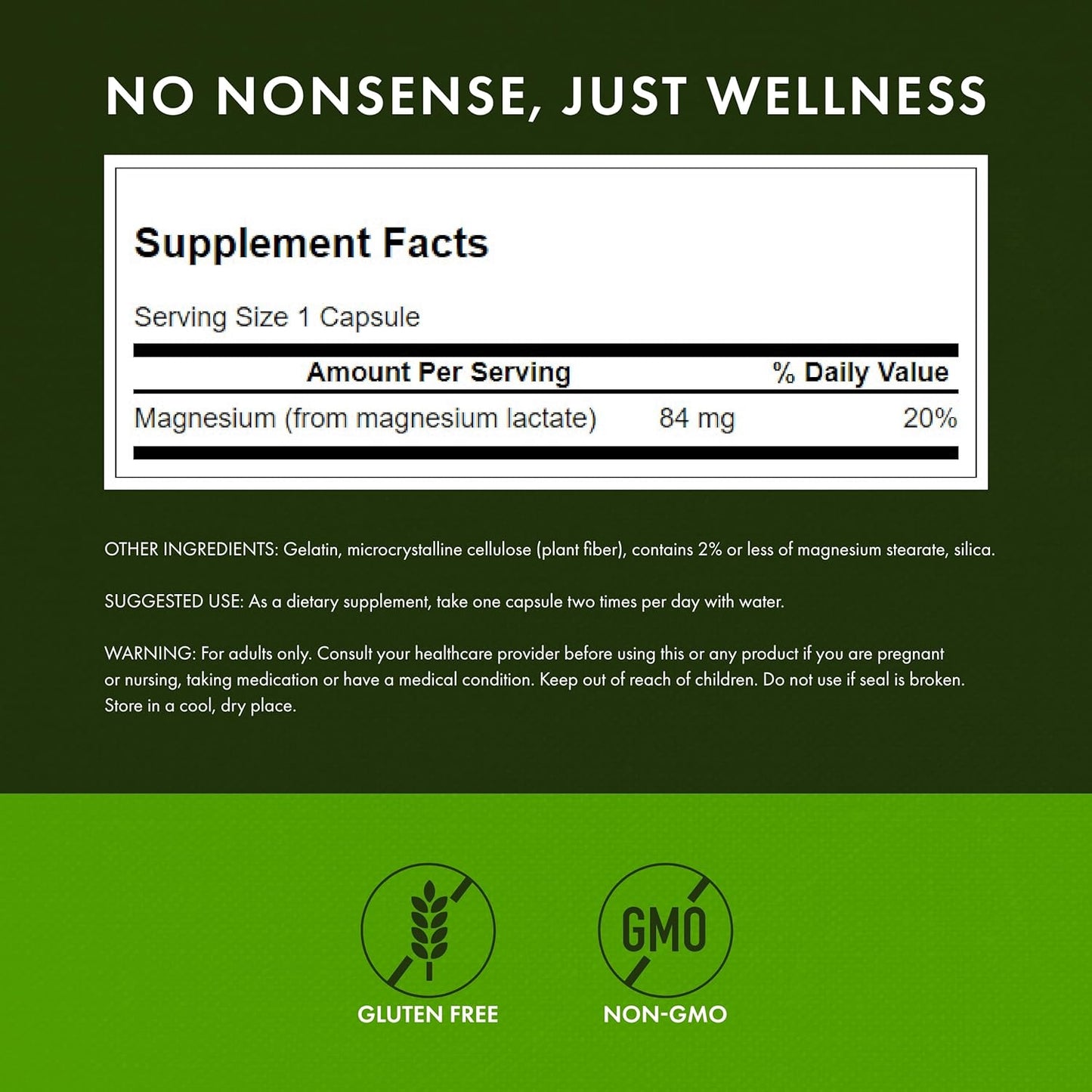 Swanson Magnesium Lactate Capsules - Lactose-Free Mineral Supplement for Muscle and Bone Health - Gentle Absorption Formula (120 Count, 84mg)