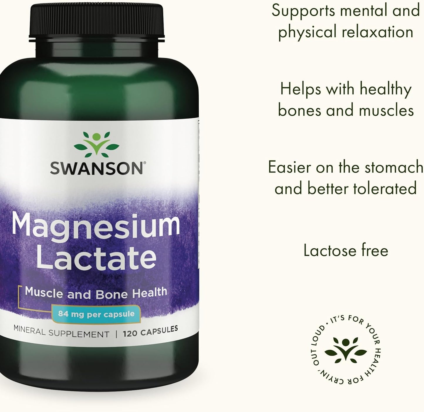 Swanson Magnesium Lactate Capsules - Lactose-Free Mineral Supplement for Muscle and Bone Health - Gentle Absorption Formula (120 Count, 84mg)