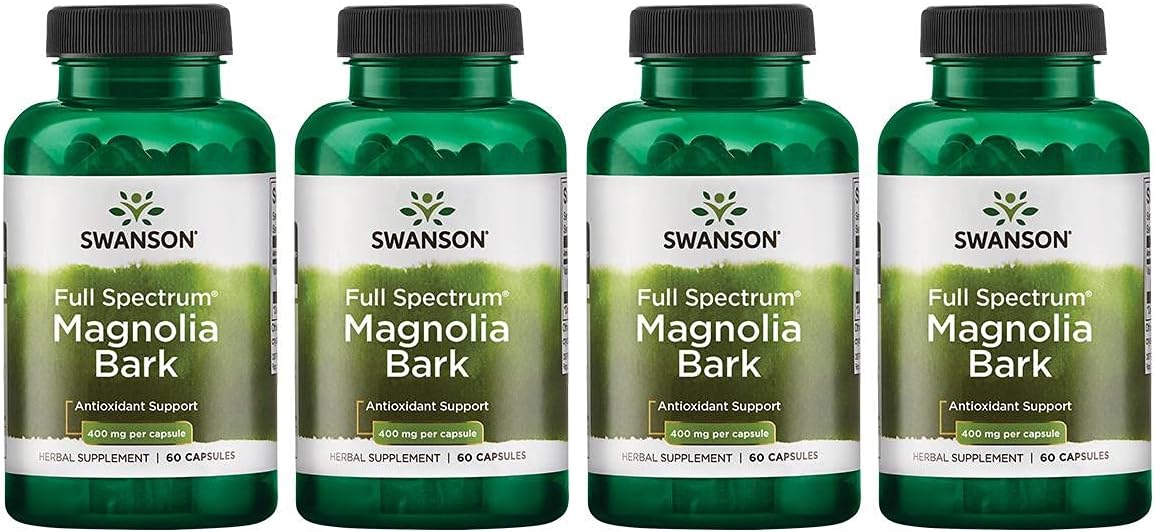 Swanson Magnolia Bark Capsules - Herbal Supplement for Nervous System, Digestive Health, Respiratory Health, and Stress Support - 60 Capsules, 400mg - 4 Pack