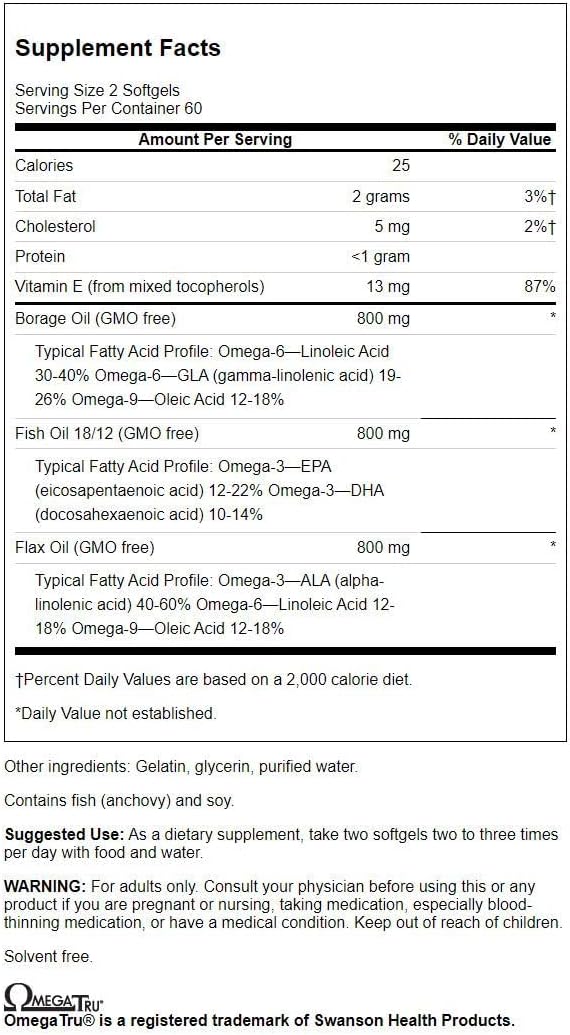Swanson Multiomega 3-6-9 (Flax, Borage, Fish) Softgels - 2400mg, 120 Count (4 Pack)