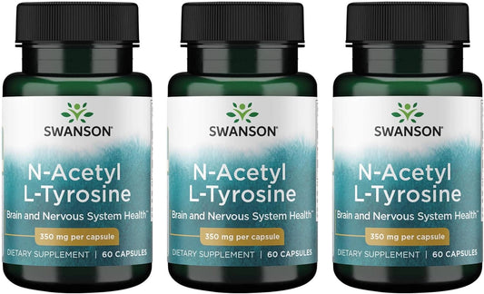 Swanson N-Acetyl L-Tyrosine Capsules - Brain Health & Mood Support Supplement - 60 Capsules, 350mg - Pack of 3
