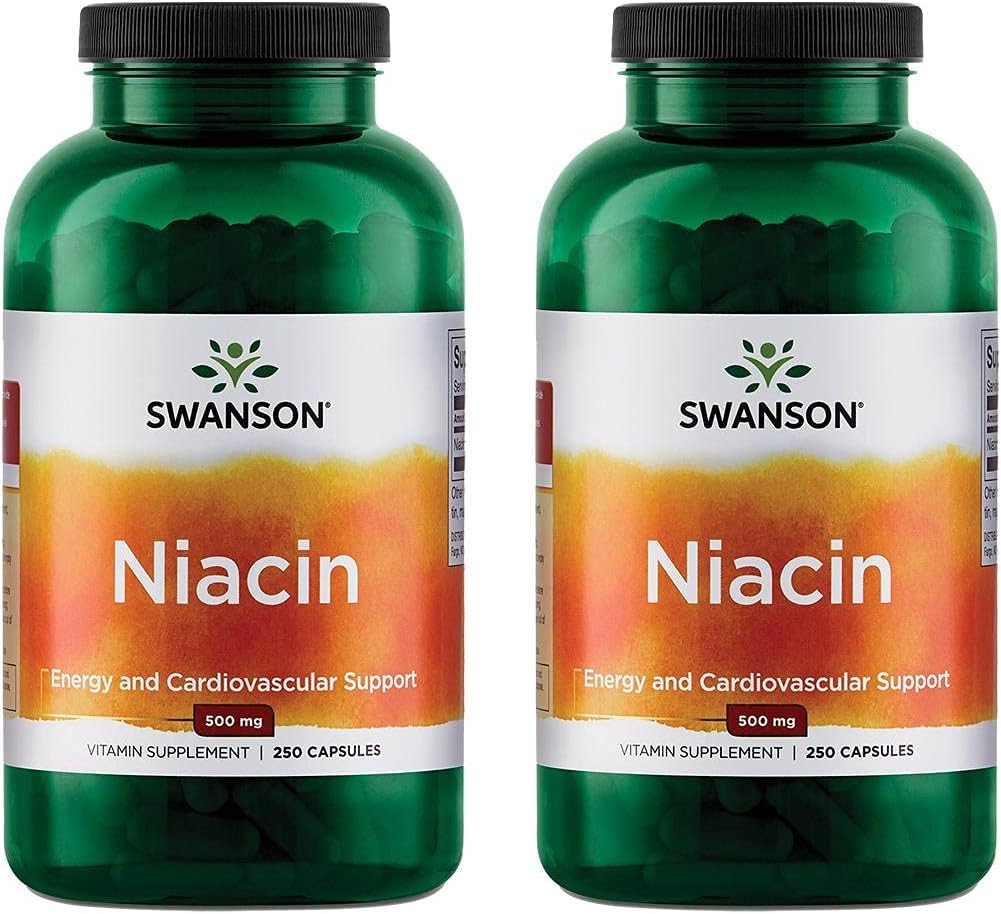 Swanson Niacin (Vitamin B3) 500mg 250 Capsules for Cardiovascular Health and Metabolism Support - Pack of 2