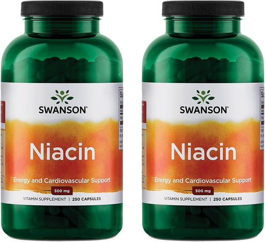 Swanson Niacin (Vitamin B3) 500mg 250 Capsules for Cardiovascular Health and Metabolism Support - Pack of 2