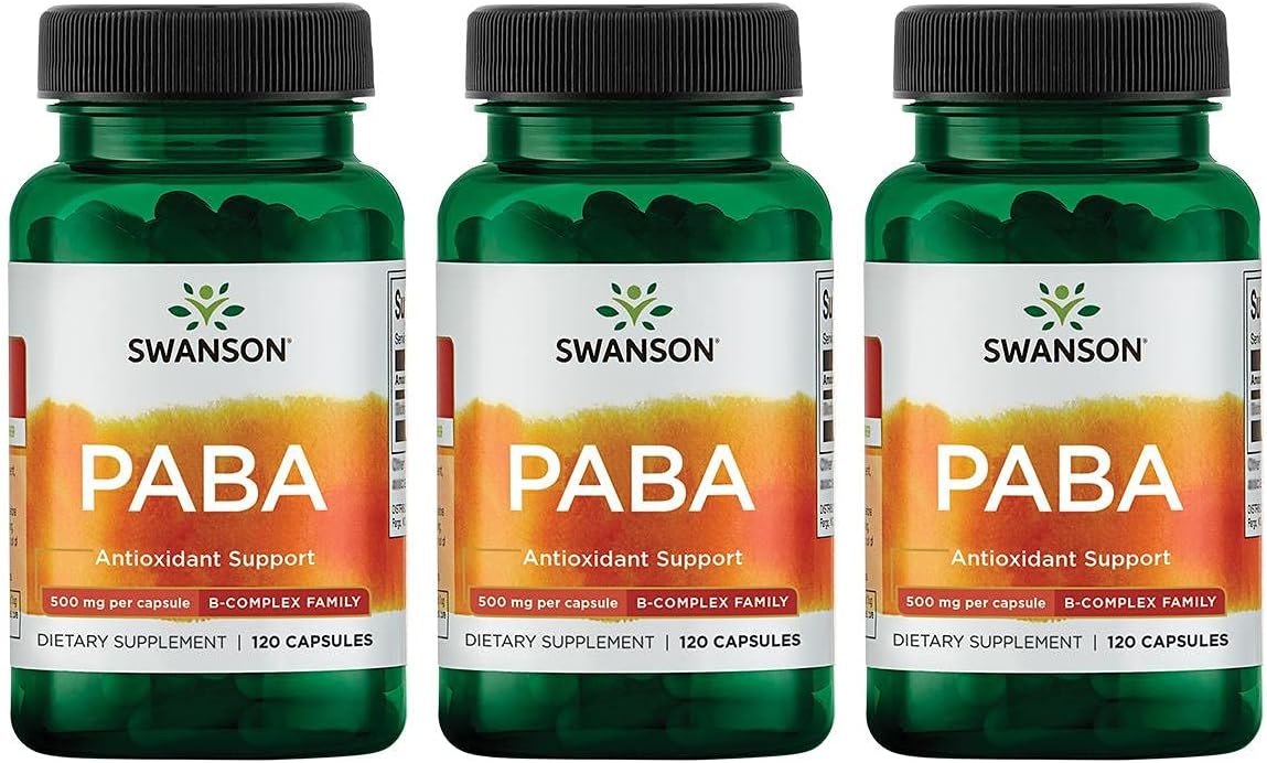 Swanson PABA Capsules - B Complex Support for Red Blood Cell Formation - Folic Acid for Oxygen Supply & Skin Health - 120 Capsules x 3 Pack