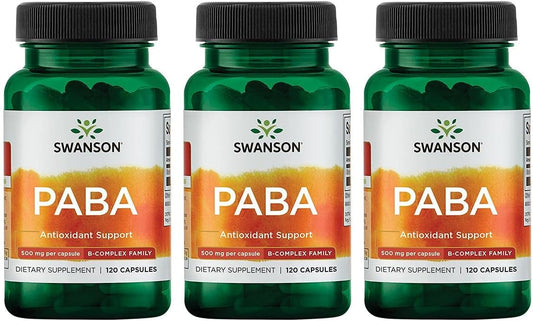 Swanson PABA Capsules - B Complex Support for Red Blood Cell Formation - Folic Acid for Oxygen Supply & Skin Health - 120 Capsules x 3 Pack