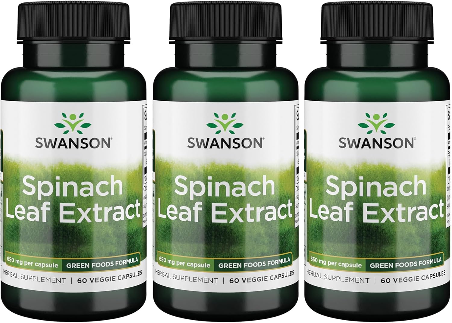Swanson Spinach Leaf Extract Capsules - Herbal Supplement for Overall Health - Green Foods Formula with Thylakoids & Chlorophyll - 3 Pack of 60 Veggie Capsules, 650mg