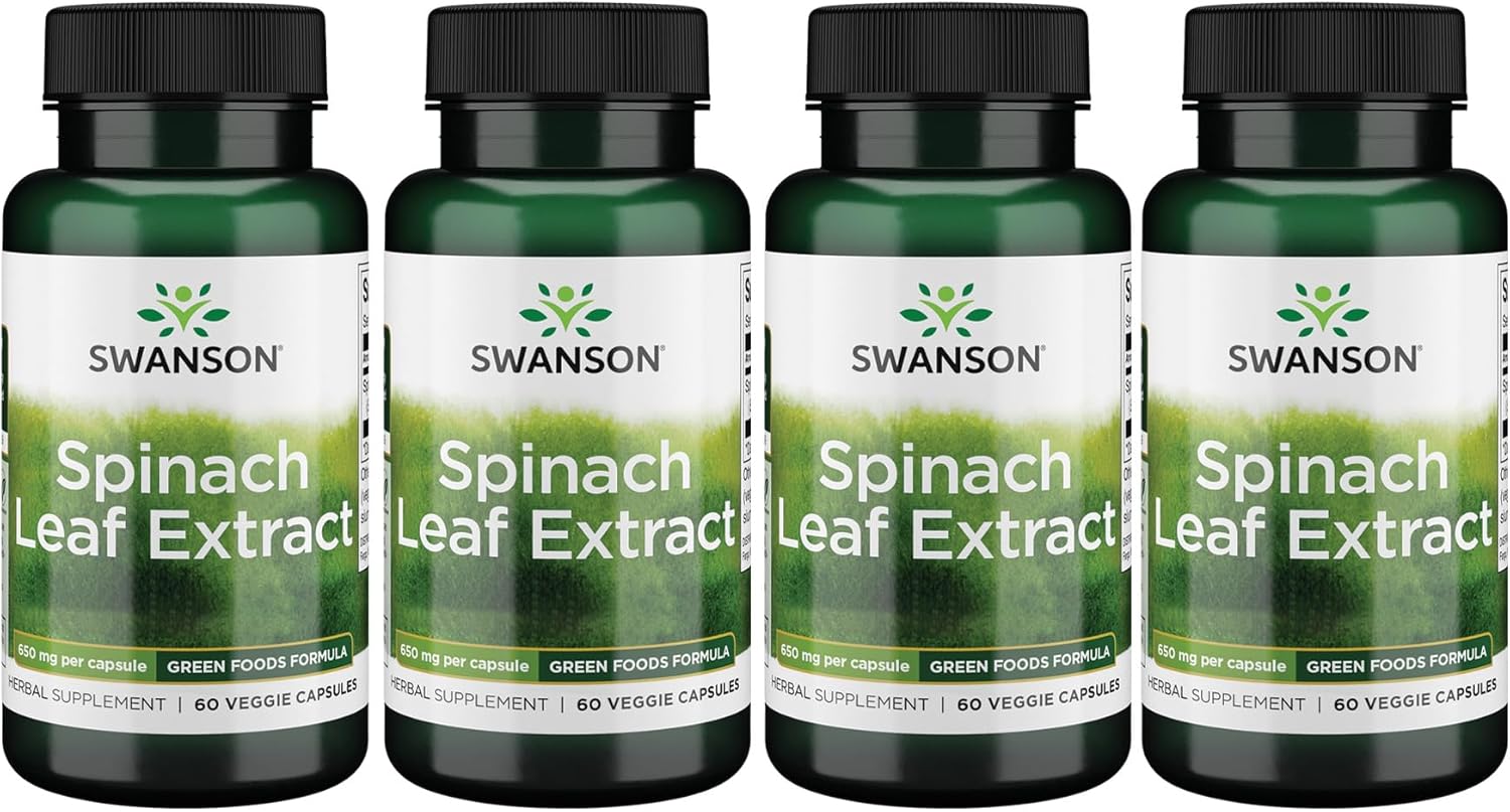 Swanson Spinach Leaf Extract Capsules - Natural Health Supplement with Thylakoids & Chlorophyll - 60 Veggie Capsules, 650mg - Pack of 4