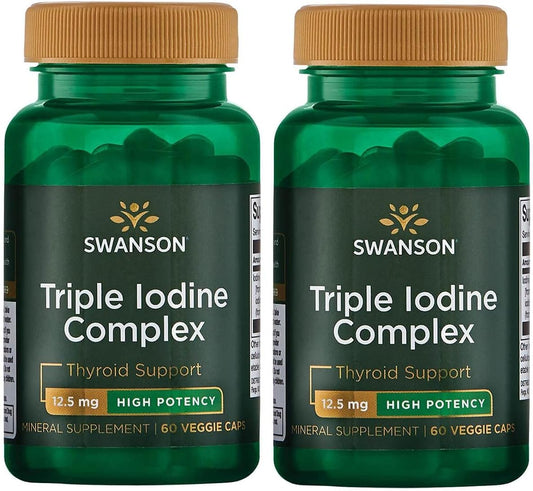 Swanson Triple Iodine Complex 2 Pack - Natural Supplement for Thyroid Support, Metabolic Function, Red Blood Cell Production, & Heart Health - 60 Veggie Capsules, 12.5mg