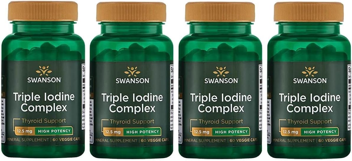 Swanson Triple Iodine Complex Supplement - Supports Thyroid Health, Metabolic Function, Red Blood Cell Production, & Heart Health - 60 Veggie Capsules, 12.5mg - 4 Pack