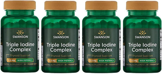 Swanson Triple Iodine Complex Supplement - Supports Thyroid Health, Metabolic Function, Red Blood Cell Production, & Heart Health - 60 Veggie Capsules, 12.5mg - 4 Pack