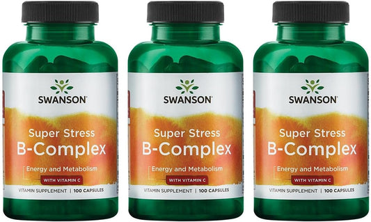 Swanson Vitamin B-Complex with Vitamin C Capsules - Stress Relief, Energy Support, Immune Health - Metabolism & Nervous System Support - 100 Capsules (3 Pack)