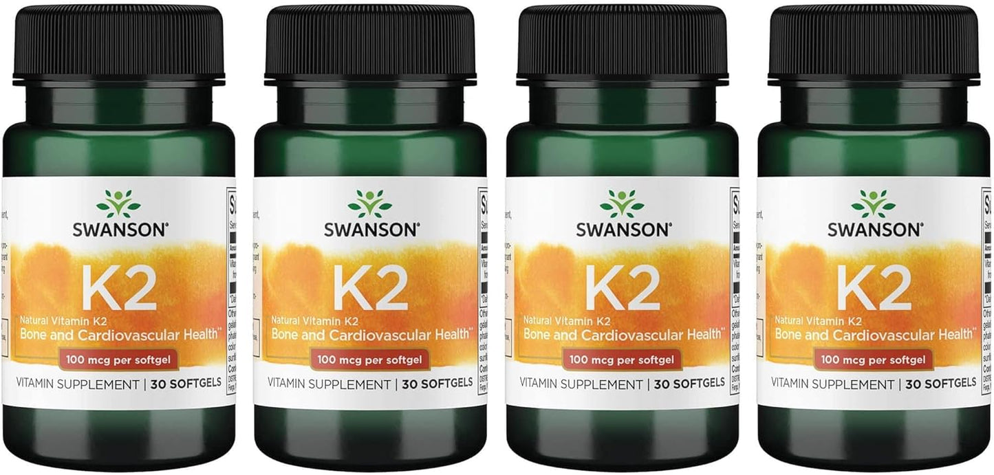 Swanson Vitamin K2 (Menaquinone-7) Softgels - Japanese Natto Supplement for Cardiovascular & Bone Health - 100mcg, 30 Softgels x 4 Pack